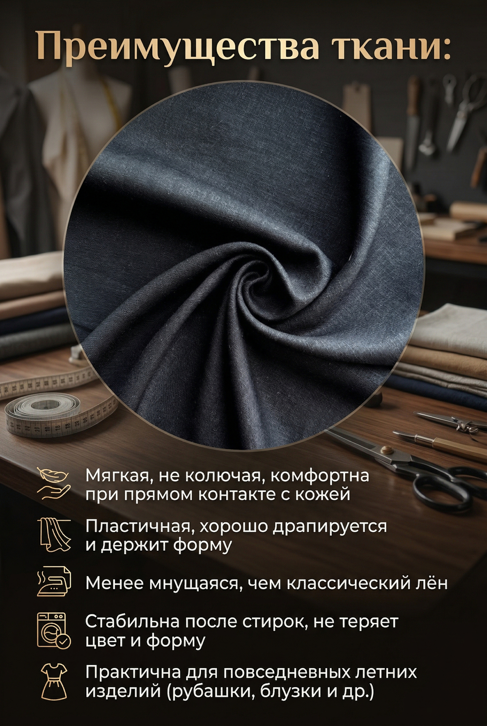 Ткань льняная с вискозой Черный