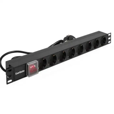 Блок розеток горизонтальный ExeGate ServerPro PDU-19H805 Al-8S-EU3-SW 19" 1U, Алюминий, 8 Schuko, 3 метра выкл. с подсветкой, черный