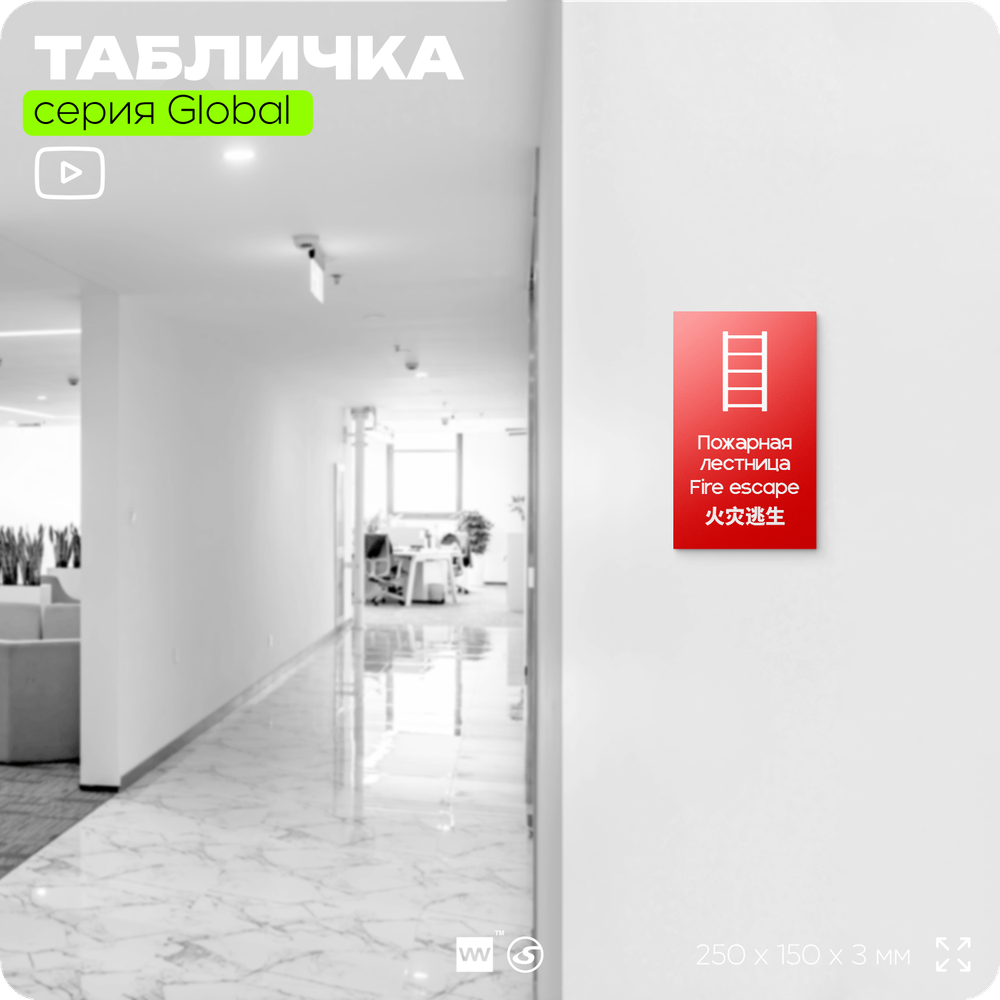 Табличка Пожарная лестница, на дверь и стену, информационная и мультиязычная (русский, английский, китайский), серия GLOBAL, 25х15 см, Айдентика Технолоджи