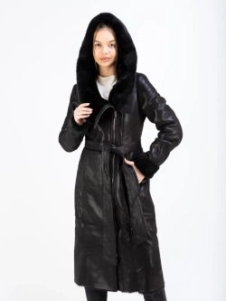Дубленка женская натуральная длинная с капюшоном Турция