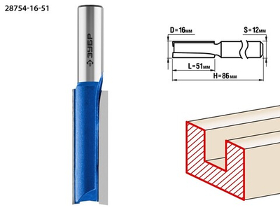ЗУБР 16 x 51 мм, хвостовик 12 мм, фреза пазовая прямая. удлиненная, Профессионал (28754-16-51)