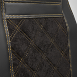 Чехлы VOLVO FH-13 после 2018 года: водитель от сиденья, пассажир от стойки кабины (один вырез под ремень) (экокожа, черный, желтая вставка)