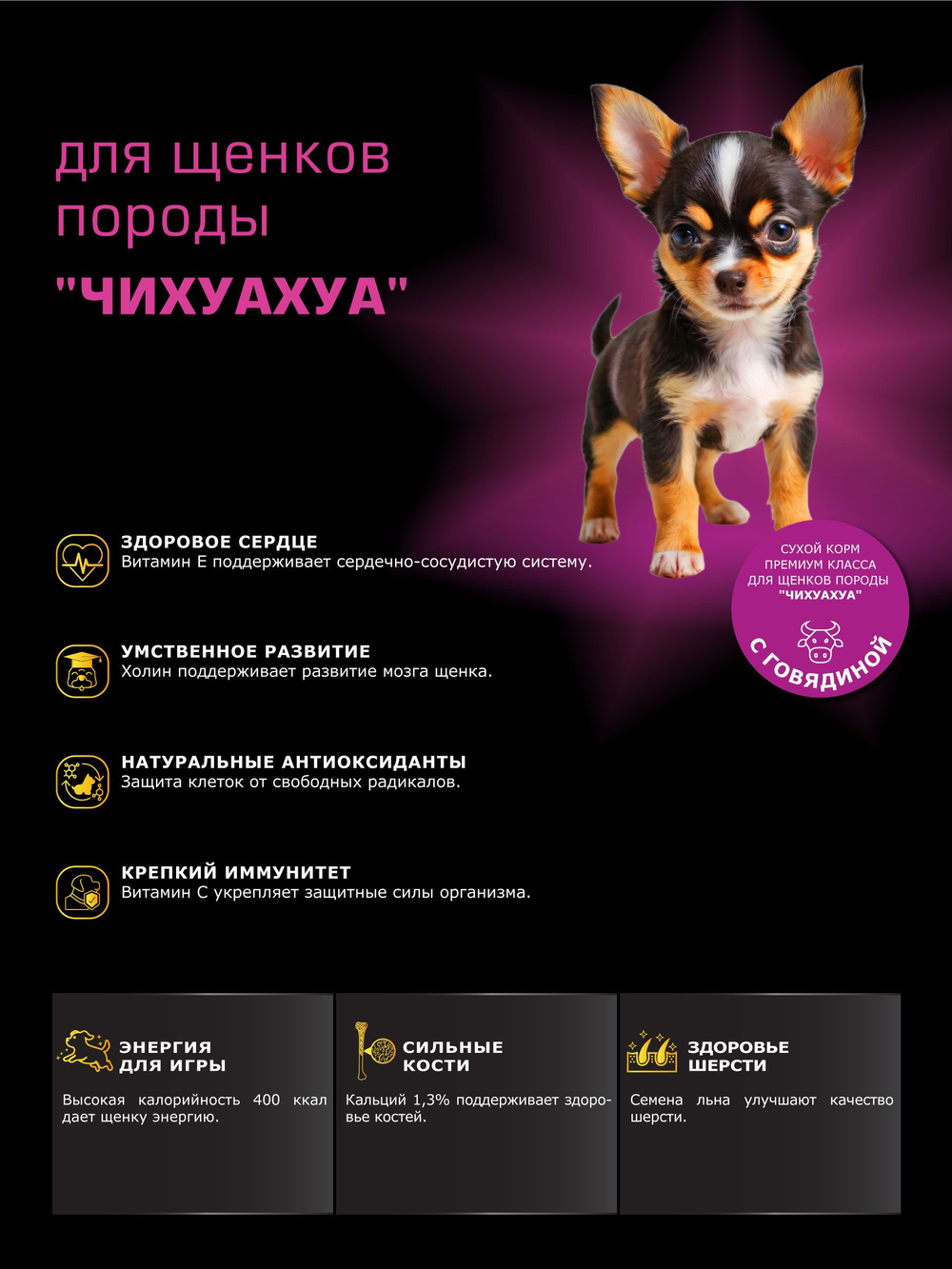 Quattro корм для щенков породы Чихуахуа, с говядиной, 6 кг, QUATTRO