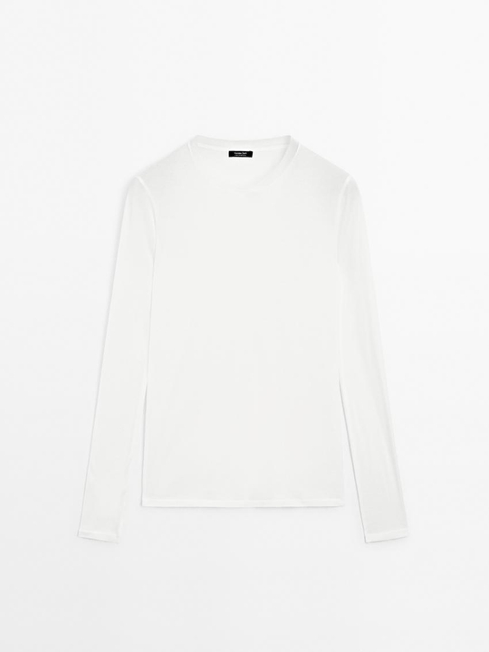 Massimo Dutti Футболка из 100% хлопка с деталями на воротнике, натуральный, кремовый