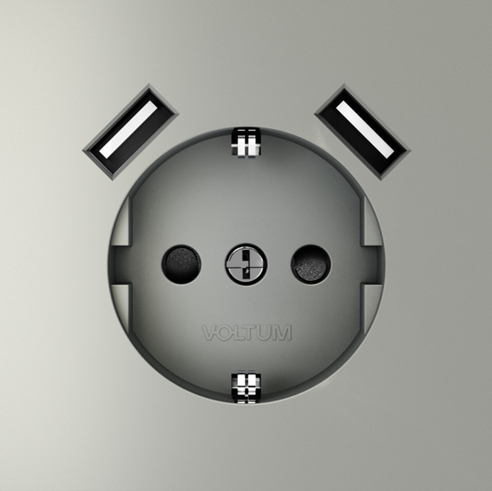 Розетка встраиваемая VOLTUM S70 с заземлением и защитными шторками, 16А, с USB, A+A, (сталь)