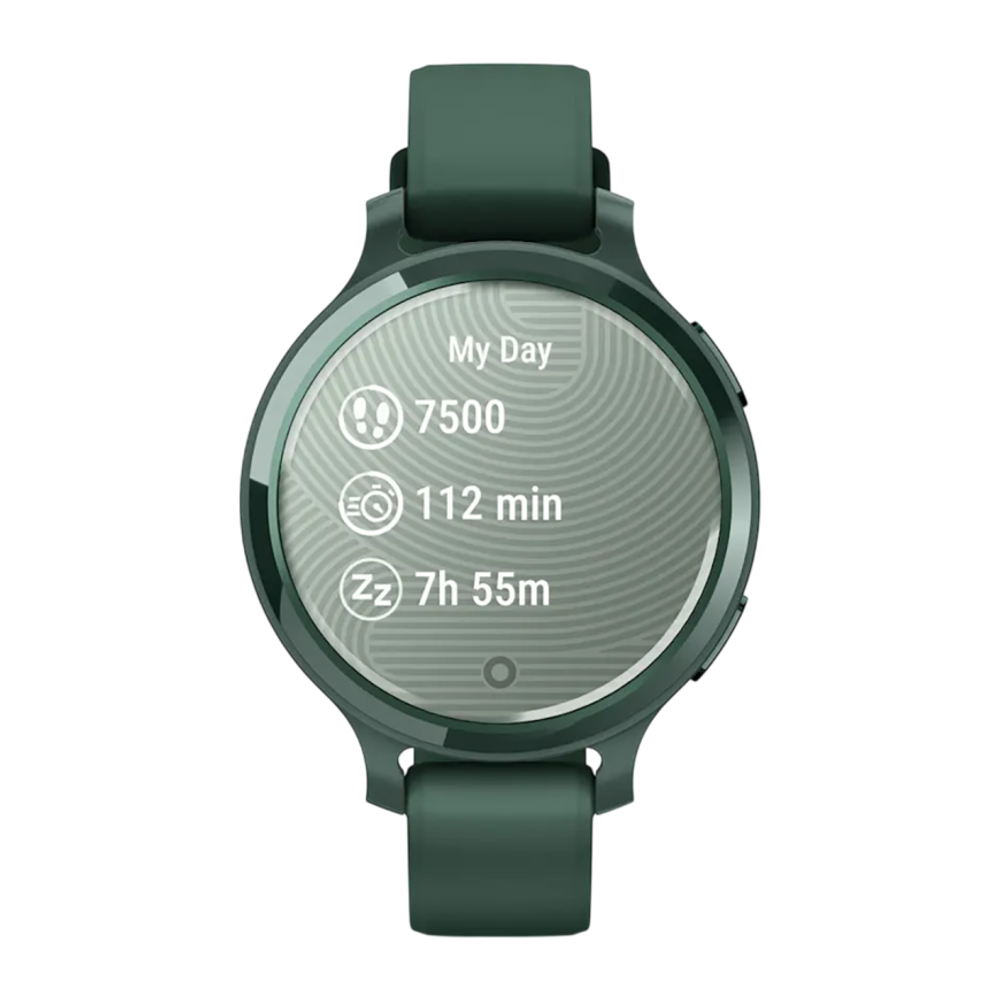 Спортивные часы Garmin Lily 2 Active, силиконовый ремешок цвета «зелёная яшма» Алюминиевый безель цвета «зелёная яшма», стекло Gorilla Glass. Ремешок с классической застёжкой — на запястье обхватом 110–175 мм