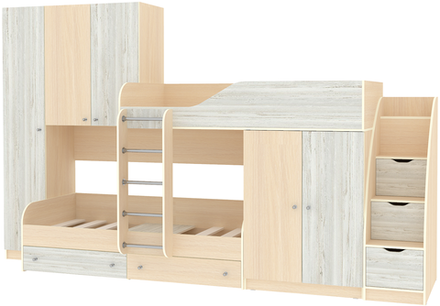 Двухъярусная кровать КарИВи Лео с лестницей Комод КарИВиом  Дуб Молочный Винтерберг