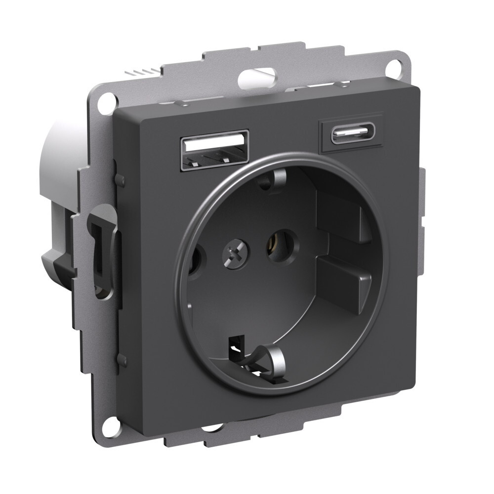 ATLASDESIGN РОЗЕТКА 16А с 2 USB A+C, 5В/2,4А/3,0А, 2х5В/1,5А, механизм, БАЗАЛЬТ