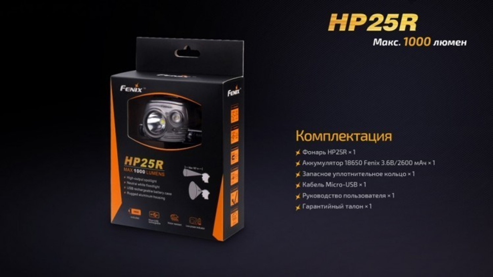Фонарь светодиодный налобный Fenix HP25R, 1000 лм, аккумулятор*
