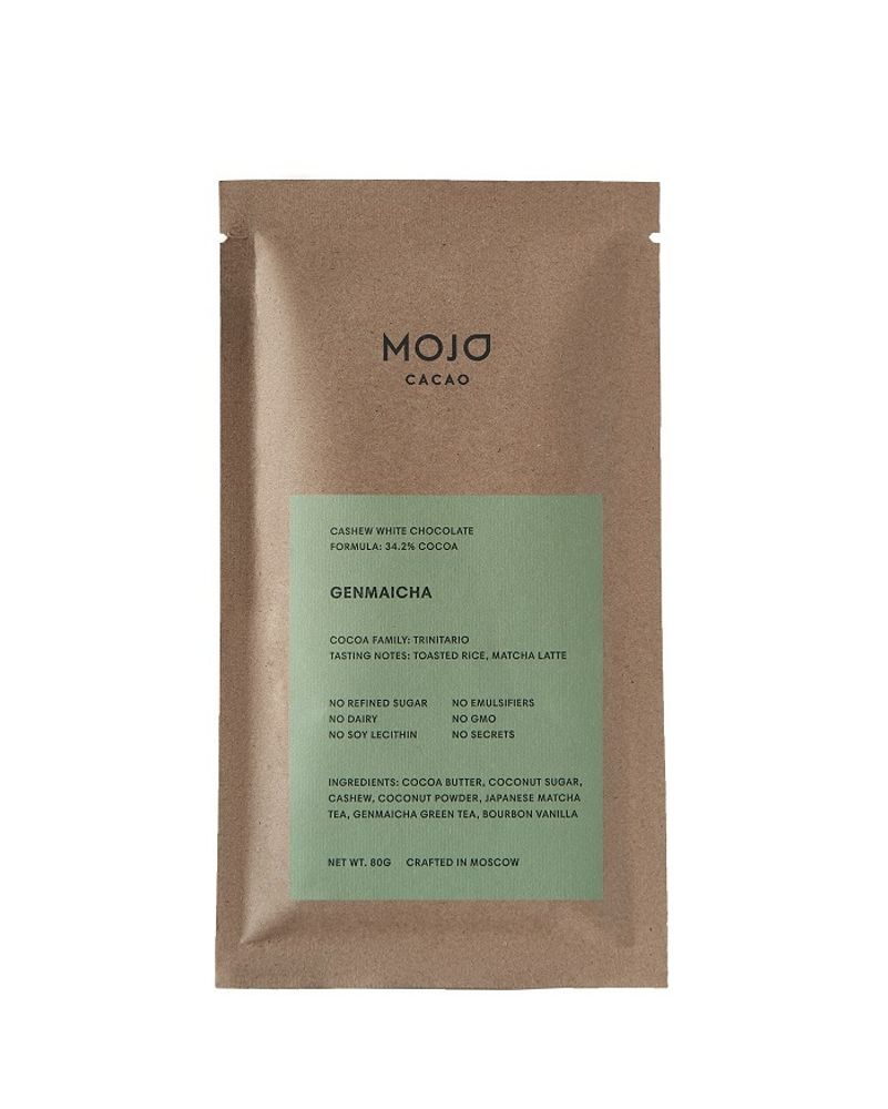 Genmaicha. Белый шоколад Mojo cacao с зеленым чаем и обжаренным рисом