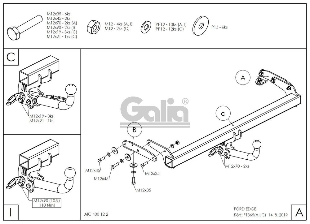 Фаркоп оцинкованный Galia F136A для FORD Edge, SUV, 2015-(паспорт и сертификат в комплекте)(без электрики)