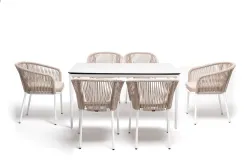 "Малага" обеденная группа на 6 персон со стульями "Марсель", каркас белый, роуп бежевый