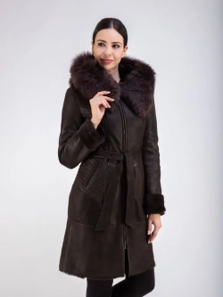Дубленка женская натуральная с капюшоном длинная Турция
