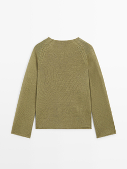 Massimo Dutti Свитер из льняного трикотажа с круглым вырезом, зеленый