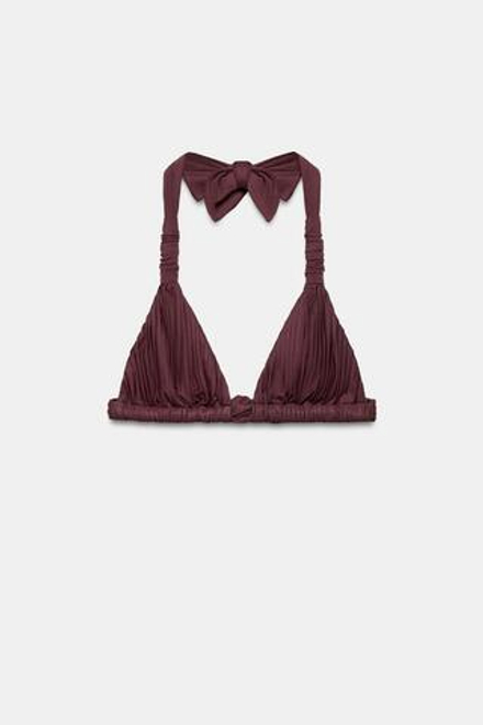 ZARA ПЛИССИРОВАННЫЙ ЛИФ БИКИНИ С ТРЕУГОЛЬНЫМИ ЧАШКАМИ, КОРИЧНЕВЫЙ