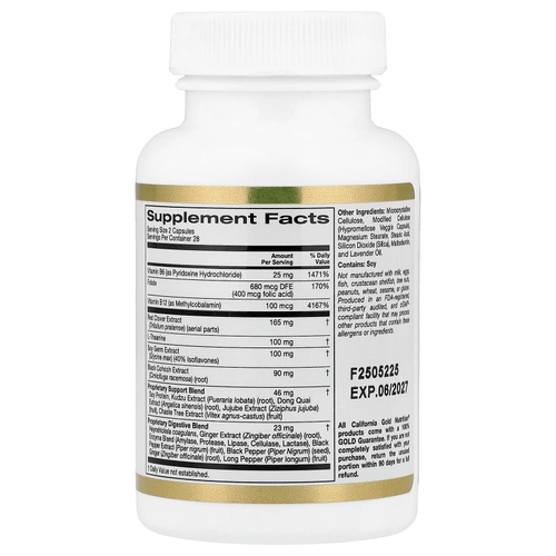 California Gold Nutrition, добавка для поддержки в период менопаузы, с фолатом, экстрактом красного клевера, витамином B12 и экстрактом ростков сои, 56 вегетарианских капсул