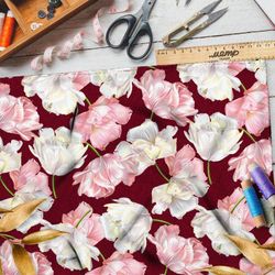 Ткань кулирная гладь живые цветы на бордовом фоне