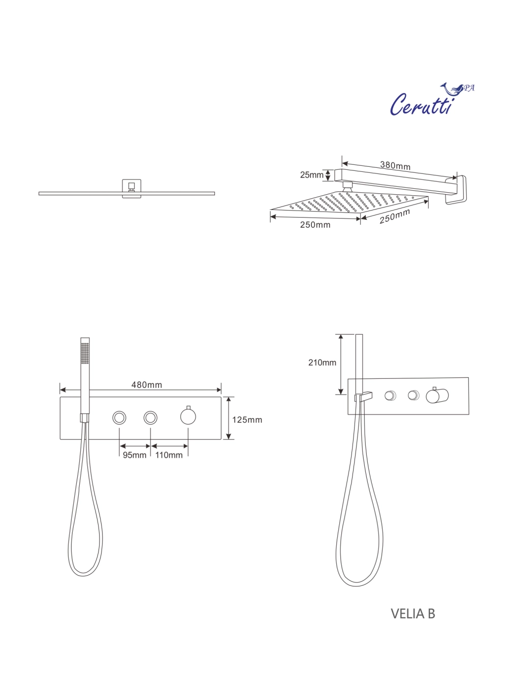 Панель VELIA B душевая встраиваемая из нержавеющей стали Ceruttispa CT10399, цвет черный