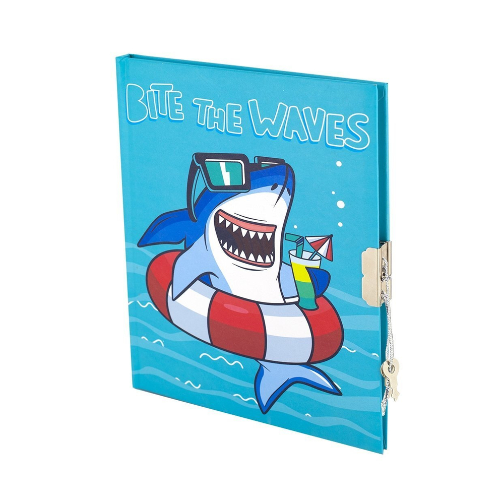 Записная книжка в футляре 20,0 см * 22,5 см , 7БЦ, Alingar, ламинация, замочек, ручка, 50 л., линия, "Акула с коктейлем"