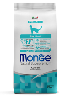 Удалить Monge Cat Monoprotein Sterilised Merluzzo корм для стерилизованных кошек с треской 1,5 кг