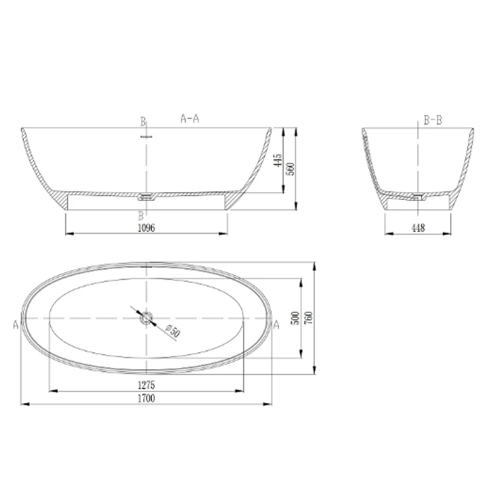 Ванна из искусственного камня Vincea VBT-4S01MW, 1700*760*560, белый мат., слив-перелив в комплекте, , шт