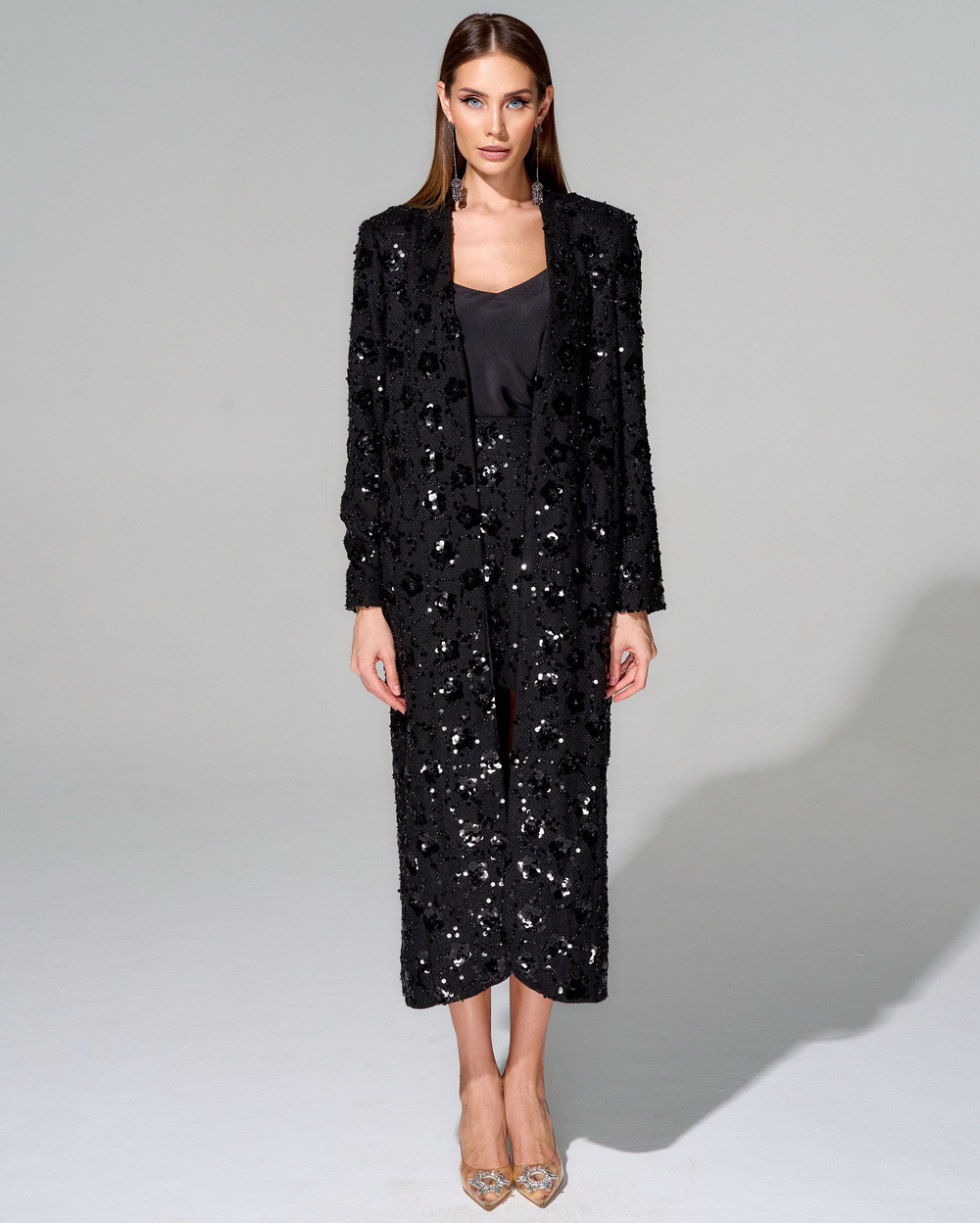 Удлиненный кардиган из премиального твида с вышивкой стеклянным бисером