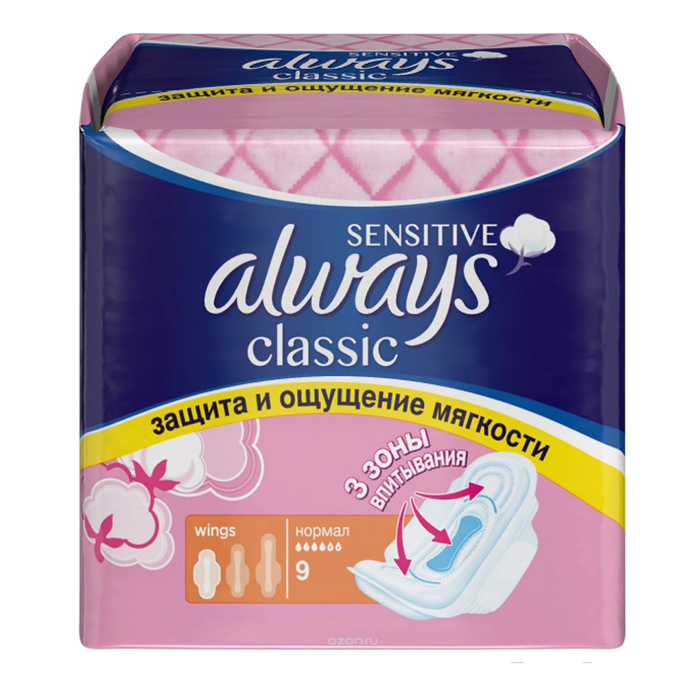 Always Прокладки женские гигиенические Classic Normal Sensitive, 9 шт