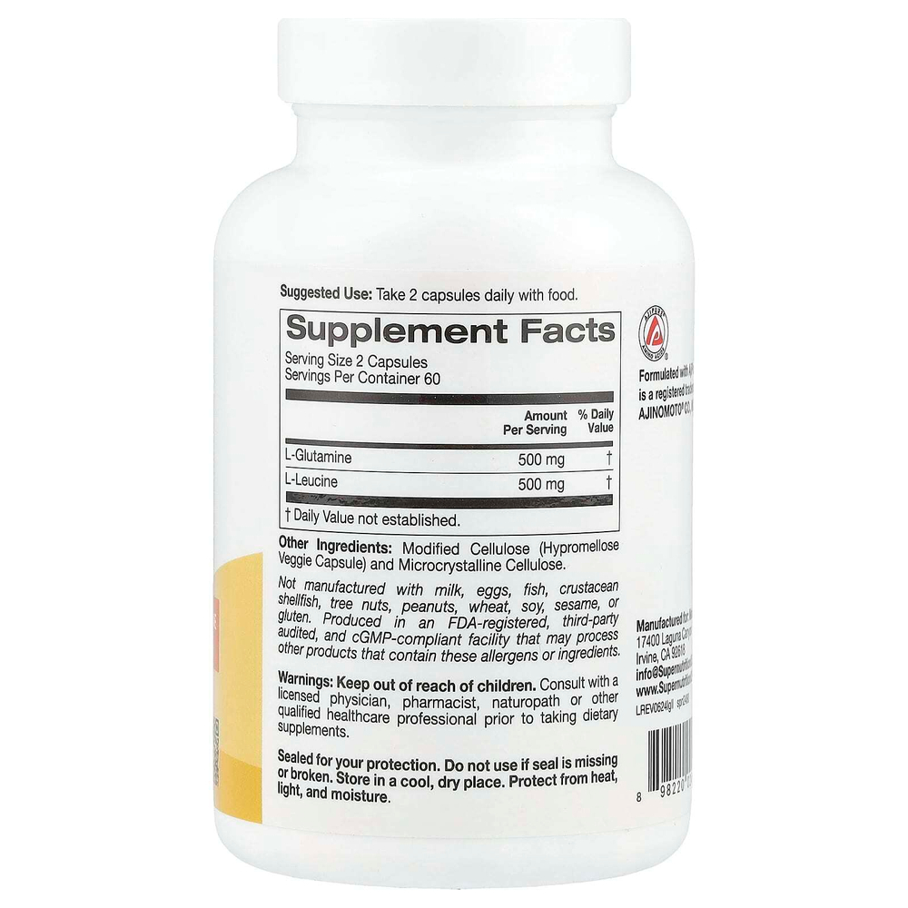 Super Nutrition, L-глютамин и L-лейцин, 120 растительных капсул