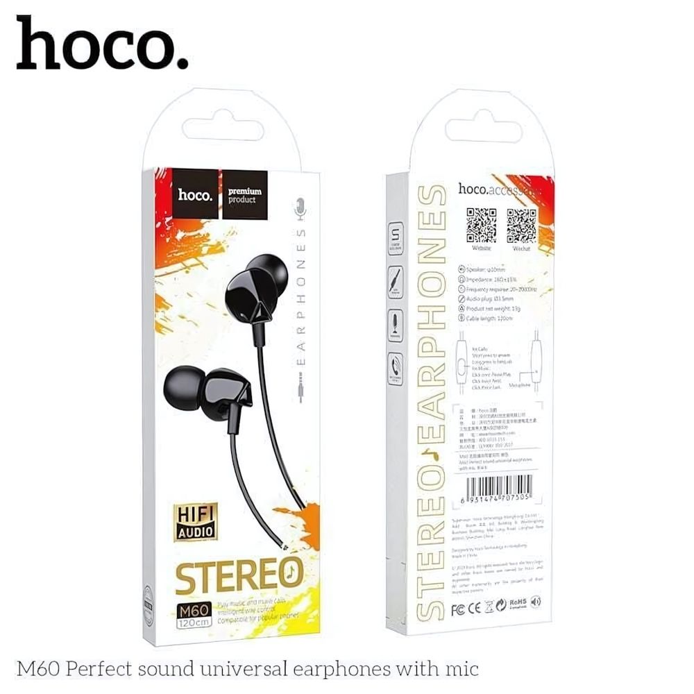 Гарнитура HOCO M60, вакуумные, разъем Jack, кабель 1.2 м Black