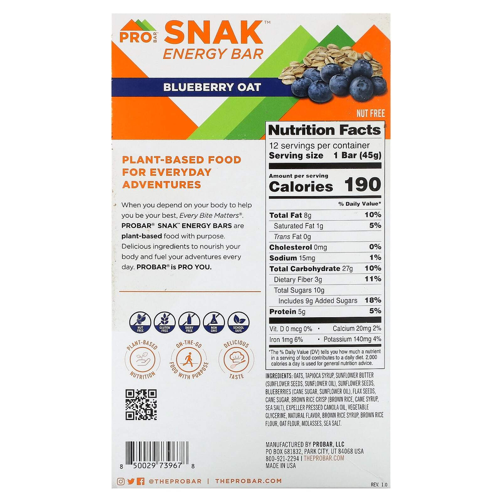 ProBar, SNAK™, энергетический батончик, овсянка с голубикой, 12 батончиков по 45 г (1,6 унции)