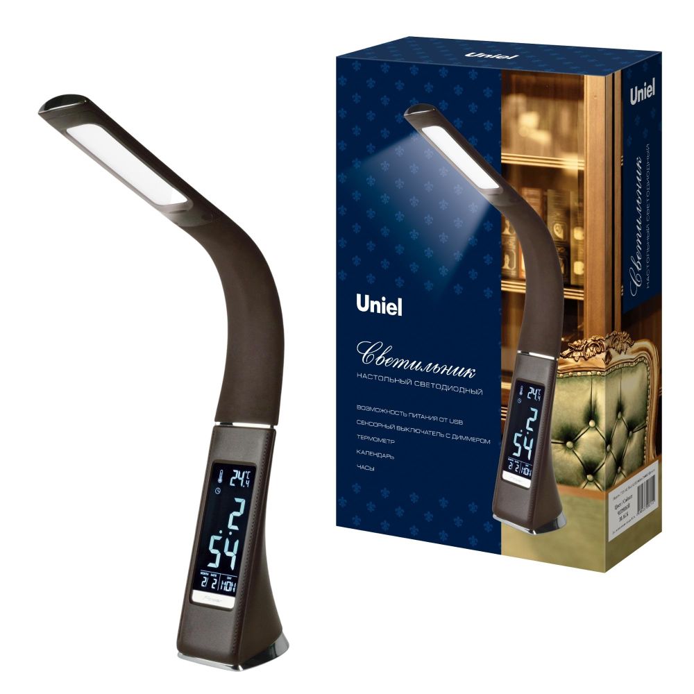 TLD-542 Brown-LED-300Lm-5000K-Dimmer Светильник настольный c часами. календарем. термометром. 5W. Сенсорный выключатель. Коричневый стилизован под кожу. TM Uniel.