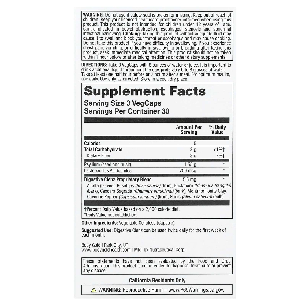 BodyGold, Digestive Clenz, пищеварительная добавка, 90 растительных капсул