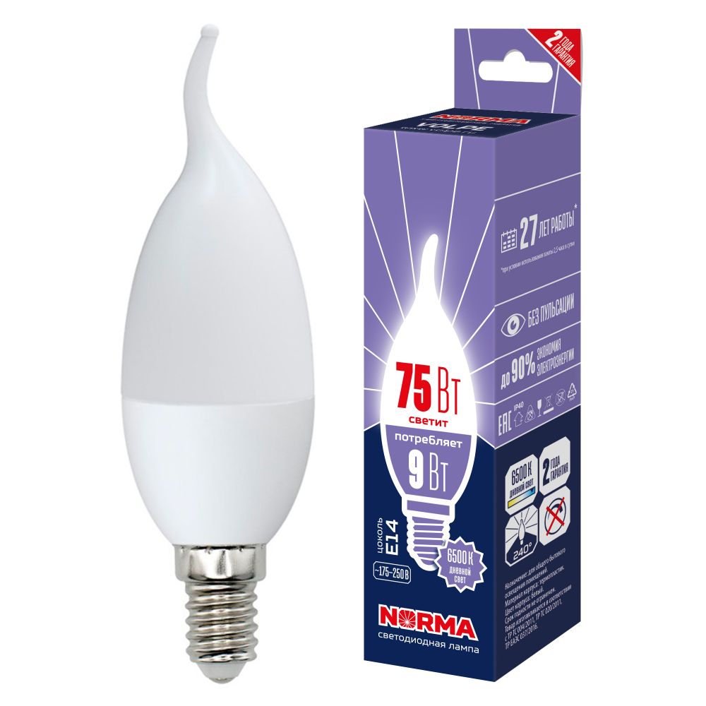 LED-CW37-9W-6500K-E14-FR-NR Лампа светодиодная. Форма свеча на ветру. матовая. Серия Norma. Дневной белый свет 6500K. Картон. ТМ Volpe