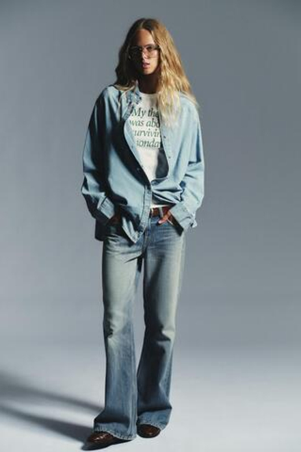 ZARA ДЛИННАЯ ДЖИНСОВАЯ РУБАШКА TRF, ГОЛУБОЙ