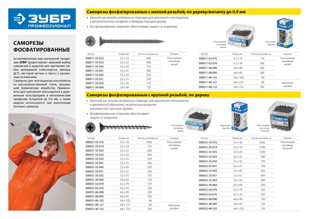 ЗУБР СГД, 64 х 3.9 мм, фосфатированное покрытие, 125 шт (0,47 кг.), саморез гипсокартон-дерево, Профессионал (300031-39-064)