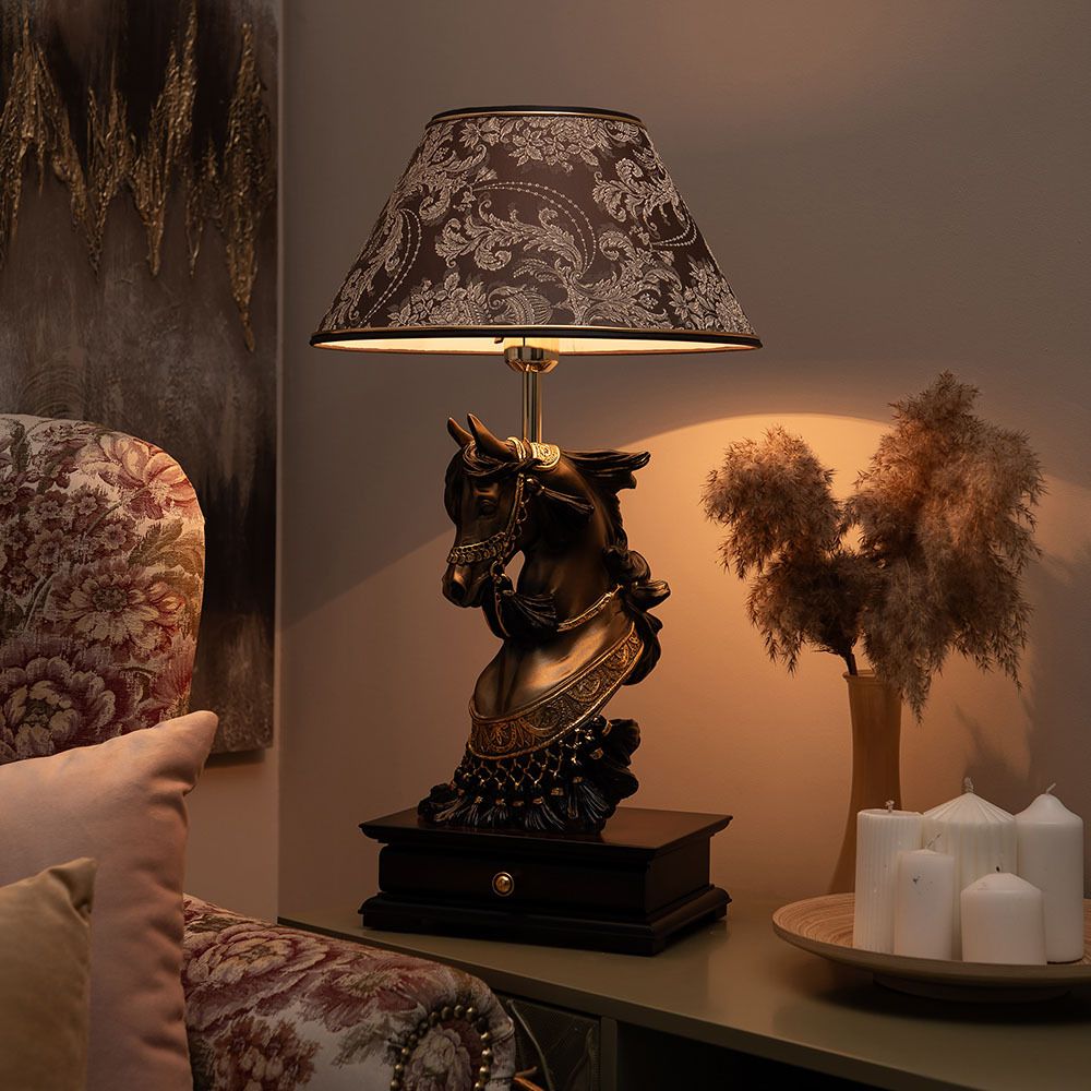 Настольная лампа с бюро Лошадь императора Бронза с абажуром 38 Голдбраун