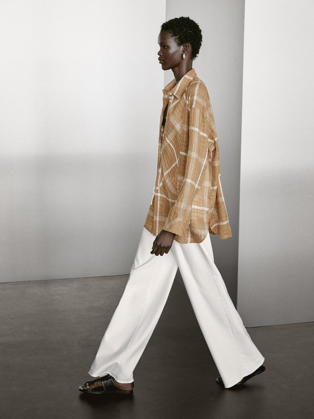 Massimo Dutti Рубашка из струящегося смесового льна в клетку, горчично-желтый