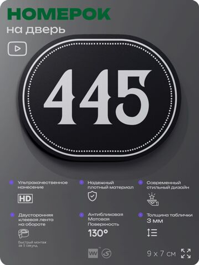 Номерок на дверь квартиры 445, для кабинета, офиса, шильдик 9 х 7 см, черный, Айдентика Технолоджи