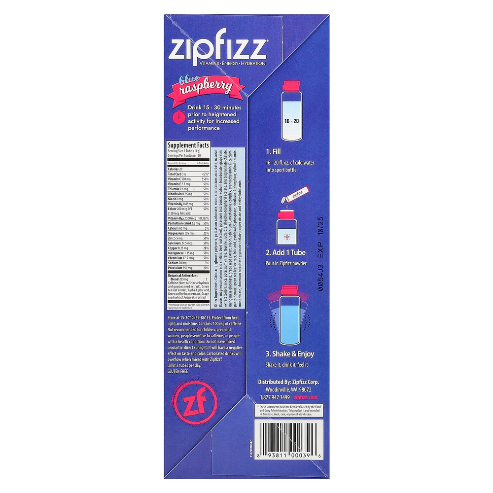 Zipfizz, Энергетическая смесь для здорового спорта с витамином B12, голубика и малина, 20 тюбиков по 11 г (0,39 унции)