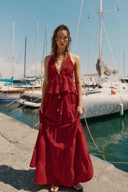 ZARA УКОРОЧЕННЫЙ ТОП ХАЛТЕР ИЗ ЛЬНА, ГРАНАТОВЫЙ