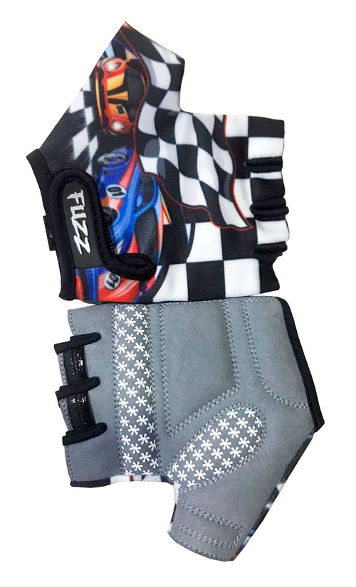 Перчатки детские лайкра RACE CARS бело-черные, р-р 6/М (для лет), GRIP GEL, с петельками, на липучке FUZZ