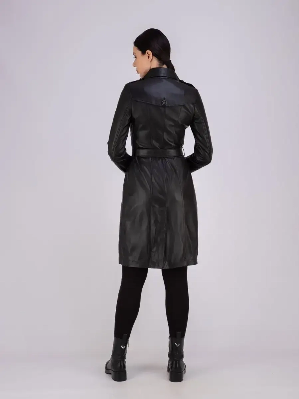 Тренч длинный кожаный с поясом плащ на весну