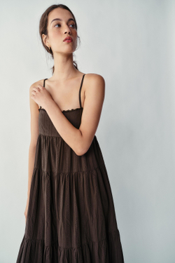 ZARA ДЛИННОЕ ПЛАТЬЕ, ТЕМНО-КОРИЧНЕВЫЙ