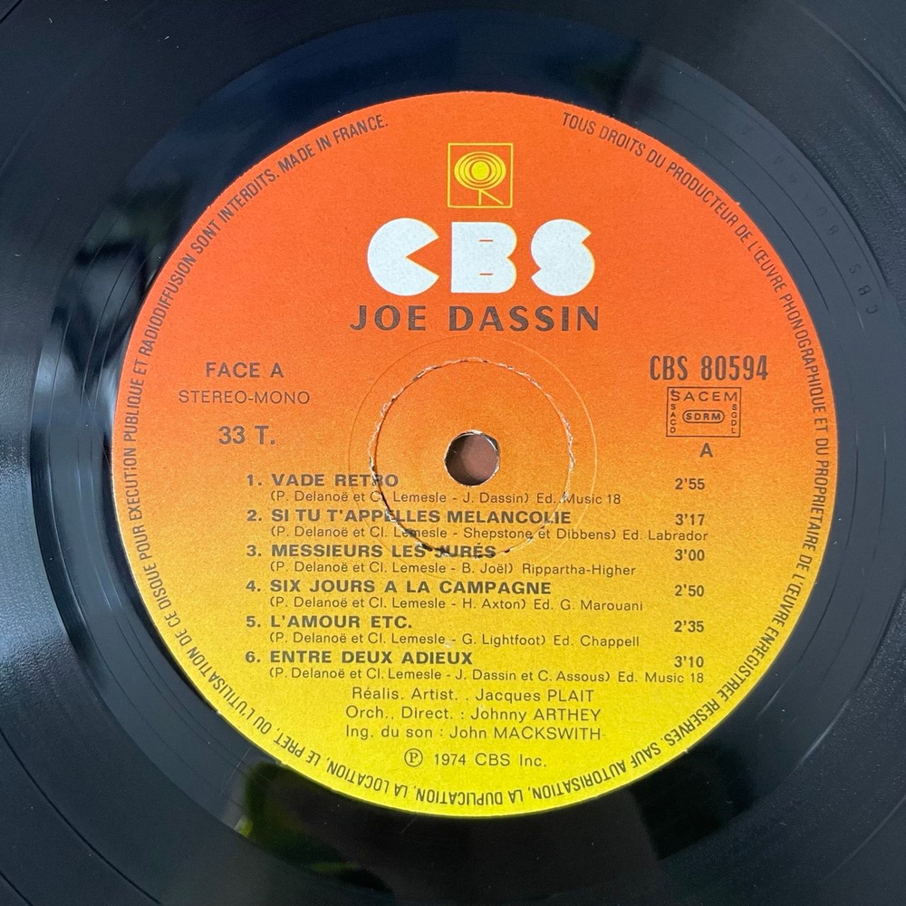 Винтажная виниловая пластинка LP Joe Dassin Джо Дассен (Франция 1974)