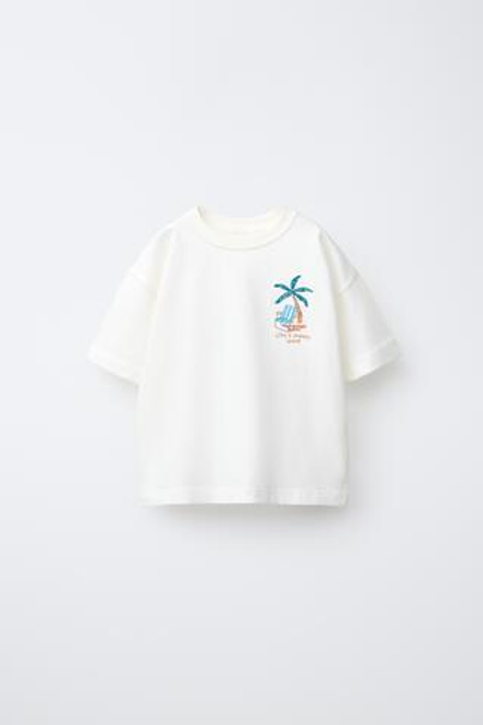 ZARA ФУТБОЛКА С ВЫШИВКОЙ, ЭКРЮ