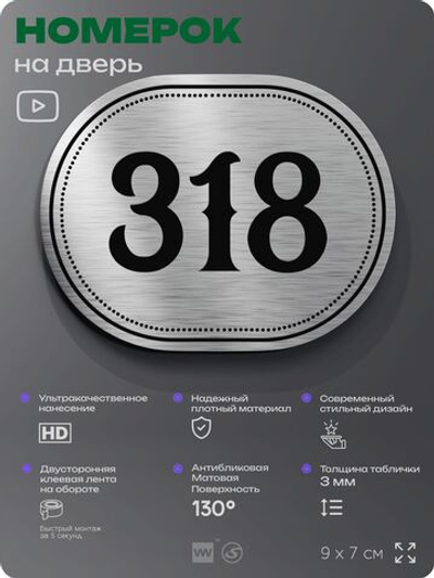 Номерок на дверь квартиры 318, для кабинета, офиса, шильдик 9 х 7 см, брашированная сталь, Айдентика Технолоджи