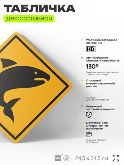 Табличка прикольная "Осторожно, акулы" на дверь и стену, информационная и предупреждающая, декоративный знак, 24,5х24,5 см, пластиковая, Айдентика Технолоджи