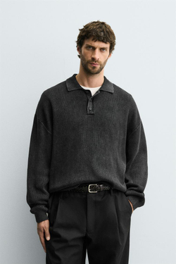 ZARA ТРИКОТАЖНОЕ ПОЛО С ЭФФЕКТОМ ПОТЕРТОСТИ, ЧЕРНЫЙ