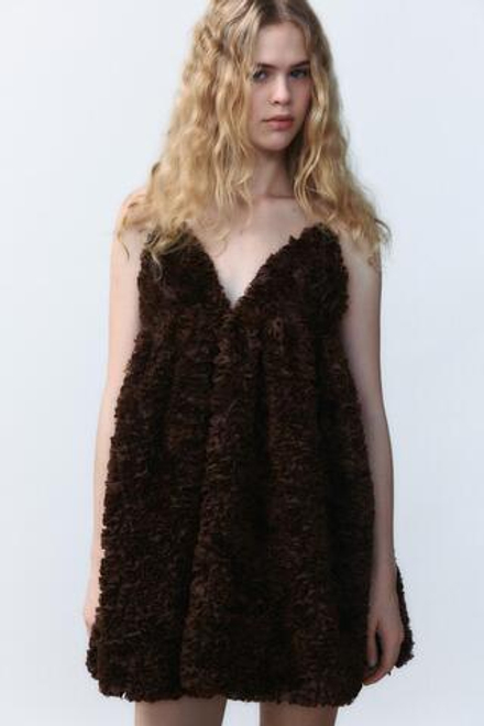 ZARA ОБЪЕМНОЕ ПЛАТЬЕ ИЗ СЕТЧАТОЙ ТКАНИ, КОРИЧНЕВЫЙ