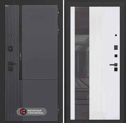 Входная дверь в квартиру Лабиринт Лаб про 2 Велютто верде с зеркальной вставкой 32 Белый софт рельеф